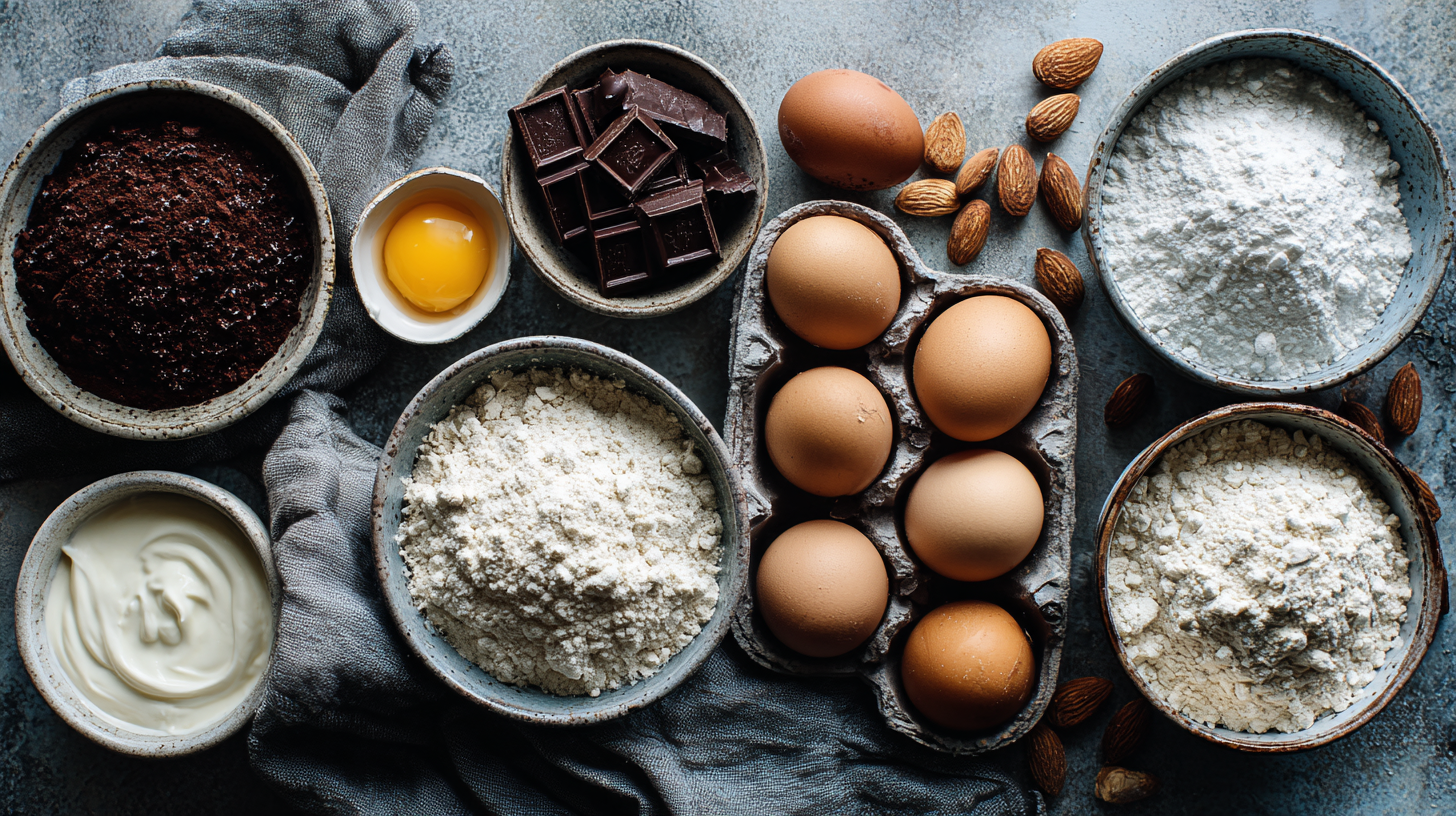 Cake sans lait : gâteau moelleux au chocolat sans lactose 6 Ingrédients pour cake sans lait au chocolat sur un plan de travail