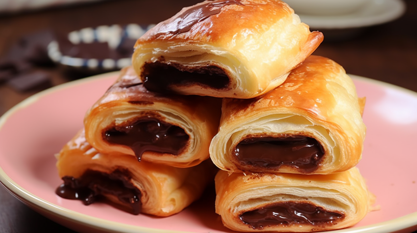 Pain au chocolat sans gluten doré sur planche en bois