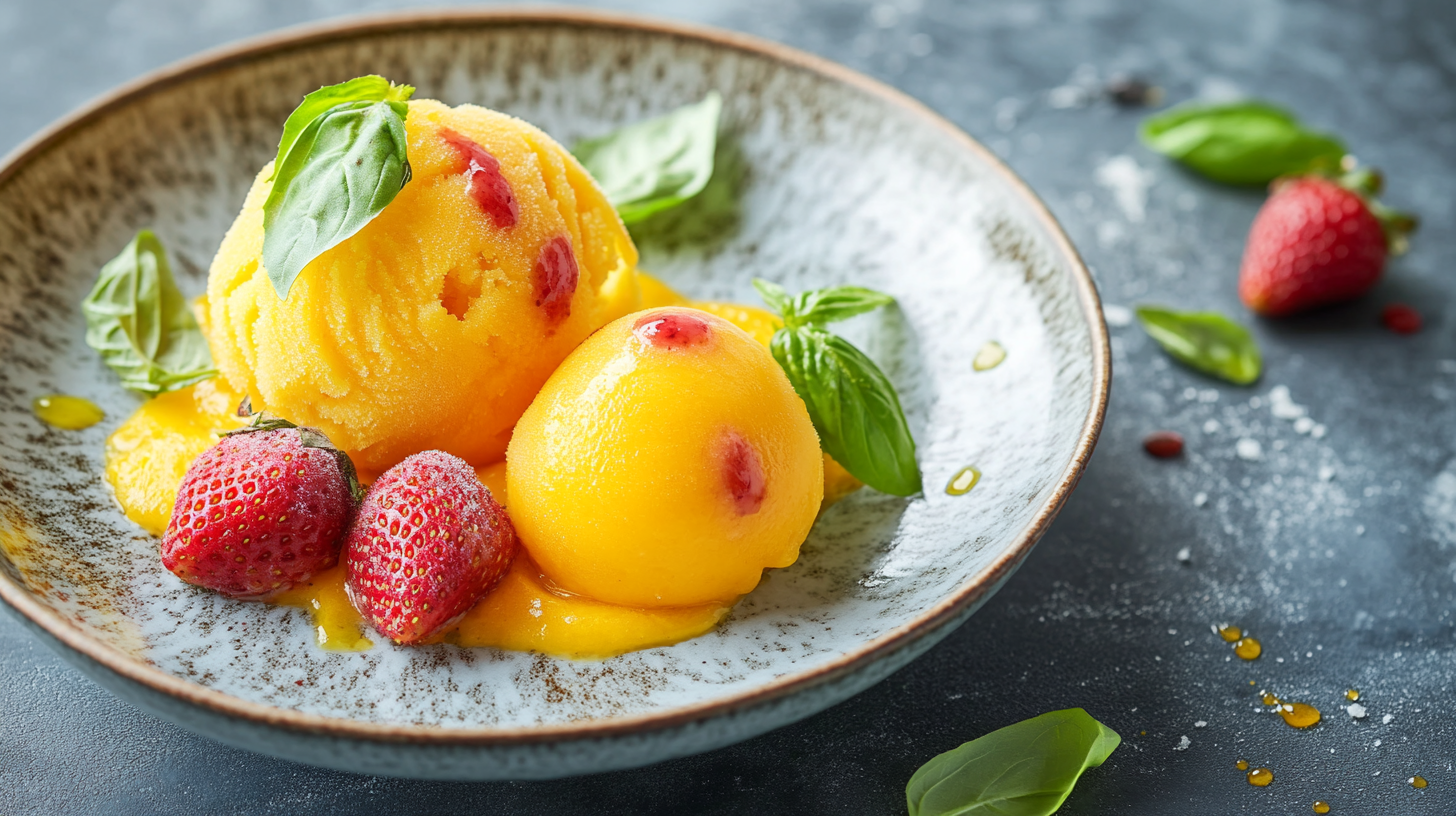 Nouveaux desserts glacés sans gluten : 2 recettes fruitées faciles à faire 7 Desserts glacés sans gluten servis : sorbet mangue-passion et bouchées fraise