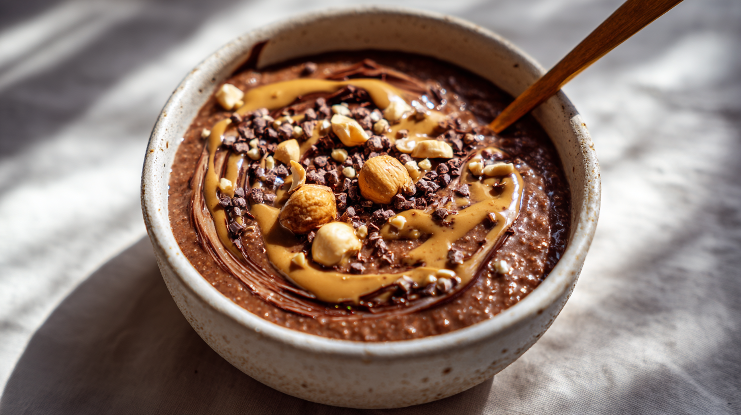Repas sans gluten : porridge au chocolat simple, sain et délicieux 4 Repas sans gluten Porridge au chocolat servi chaud dans un bol rustique