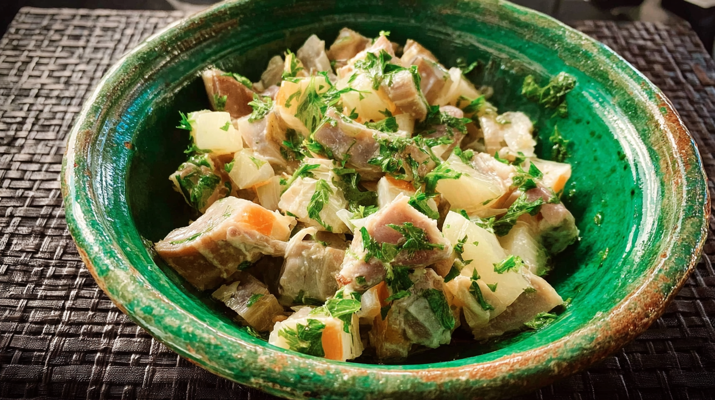 Salade de pieds de veau : recette savoureuse et sans gluten 7 salade de pieds de veau terminée dans un saladier