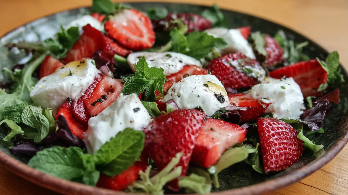 Salade fraise burrata : fraîcheur sans gluten et saveur irrésistible 4 salade fraise burrata sans gluten sur assiette estivale