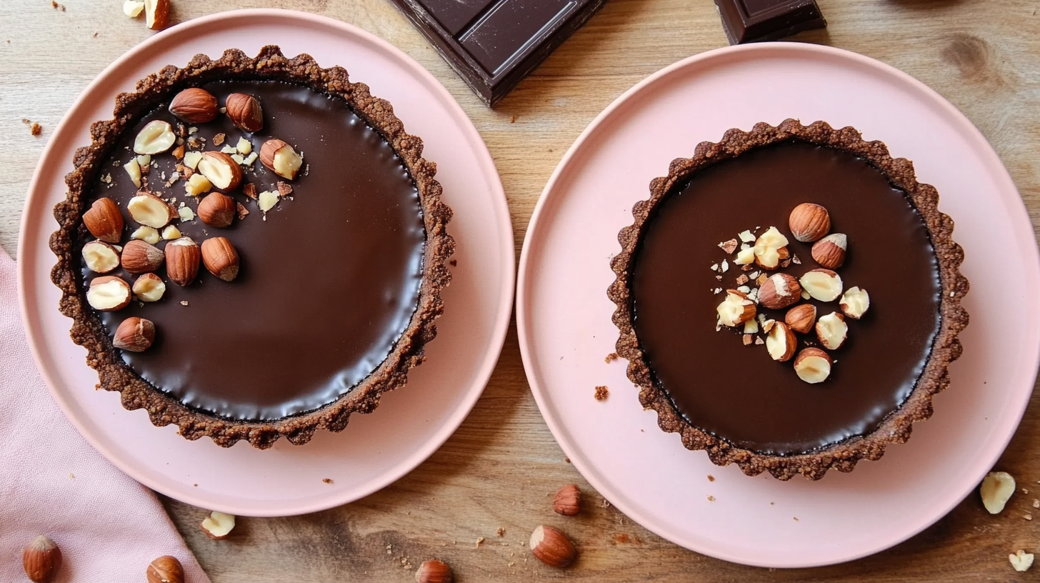 Tarte au chocolat sans gluten : fondante, facile et sans compromis 4 Tarte au chocolat sans gluten avec noisettes entières sur fond rustique