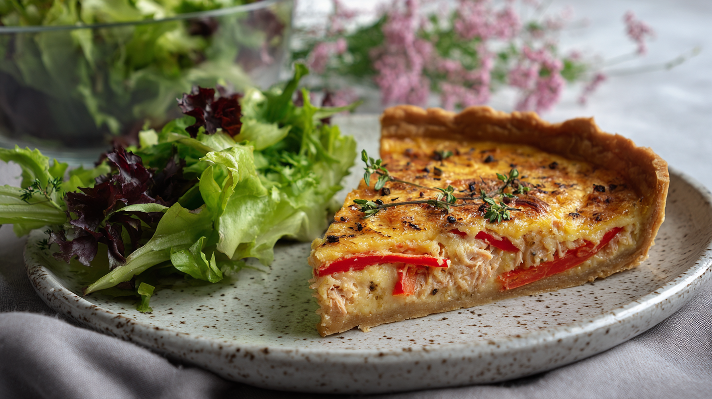 Tarte salée sans gluten facile et gourmande – Recette maison 7 part de tarte salée sans gluten servie avec salade
