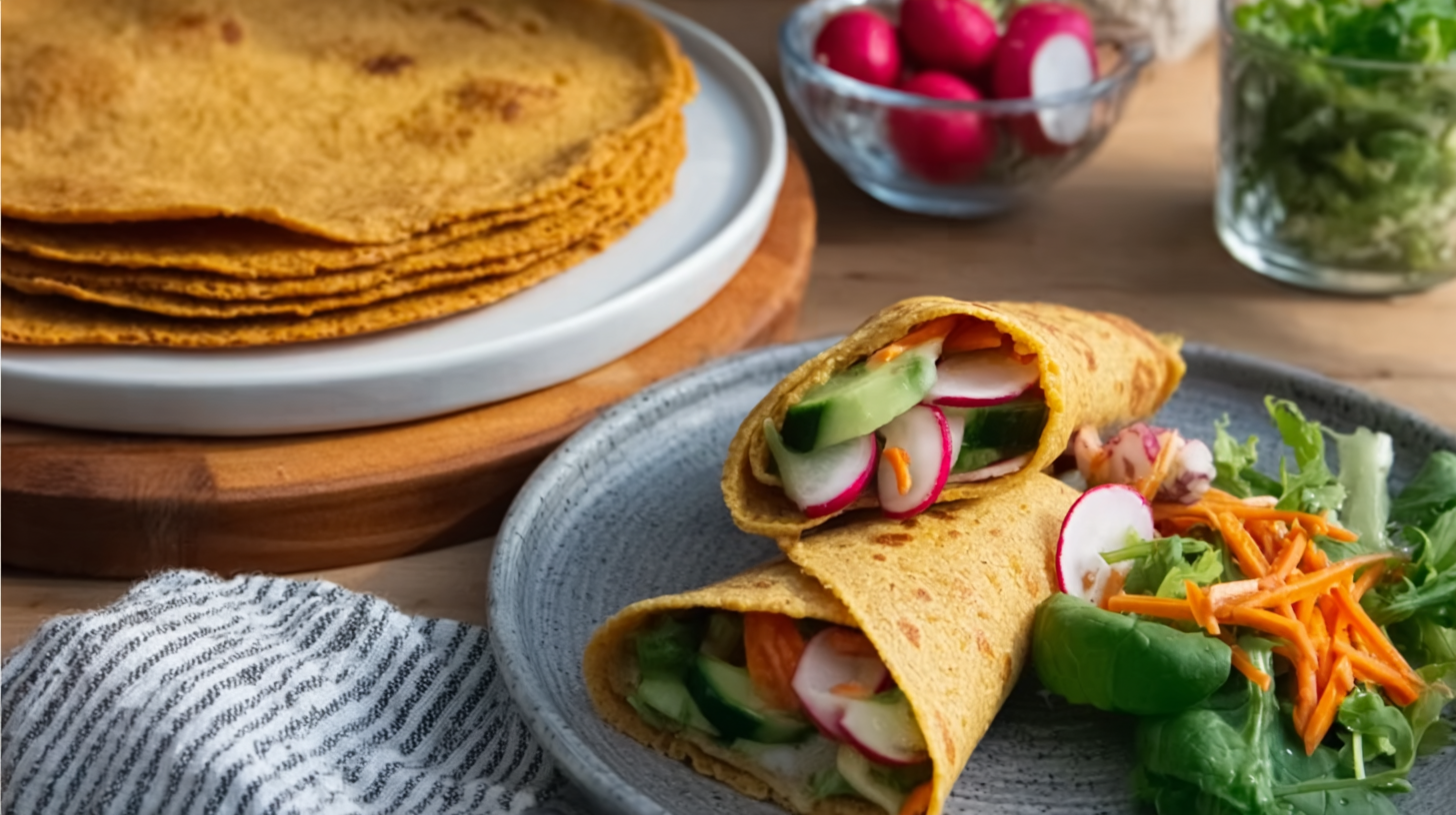 Wrap sans gluten facile et moelleux à base de lentilles corail 7 Fiche recette de wrap sans gluten posée sur une table en bois