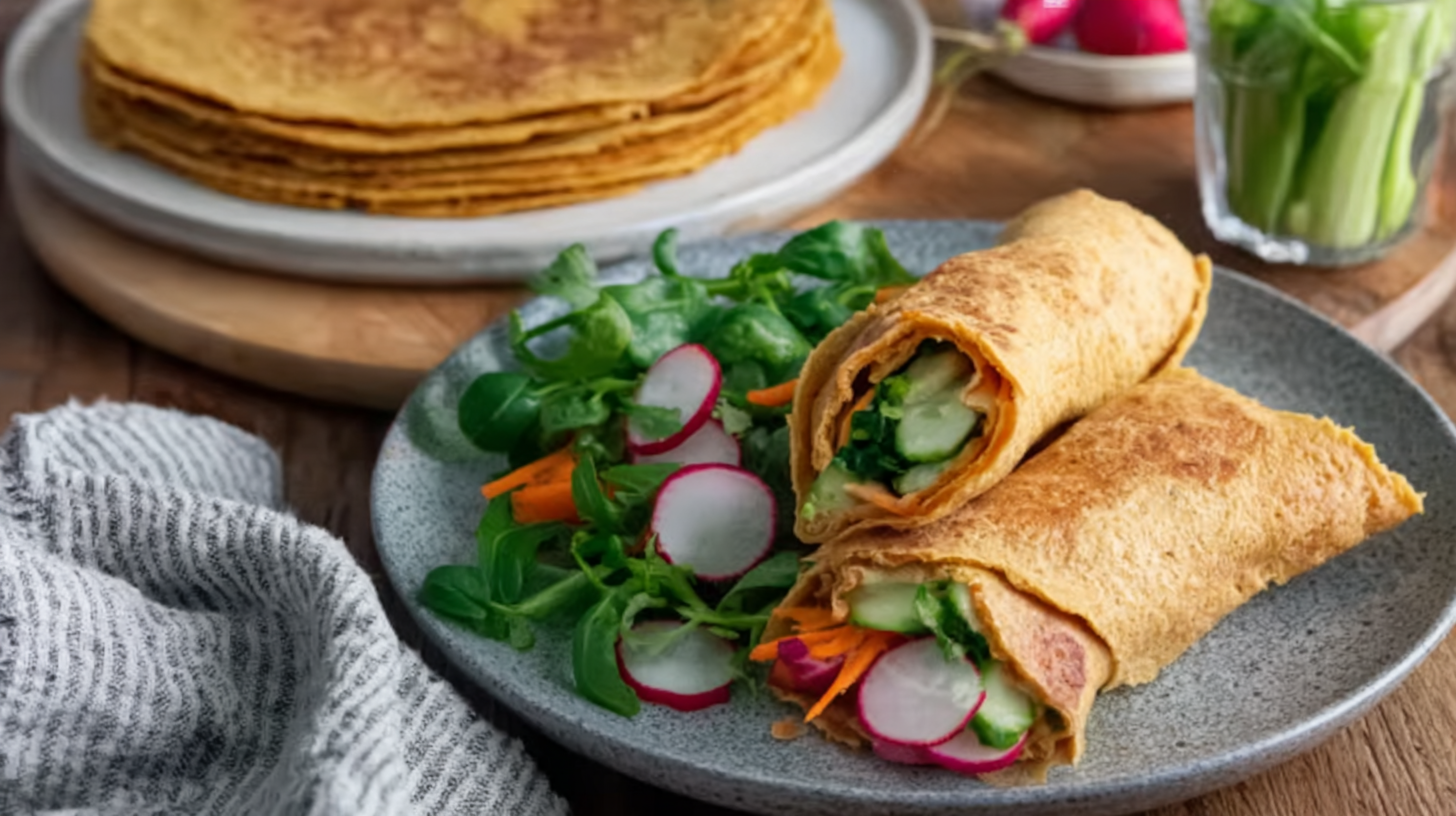 Wrap sans gluten facile et moelleux à base de lentilles corail 4 Wrap sans gluten moelleux empilés sur planche en bois