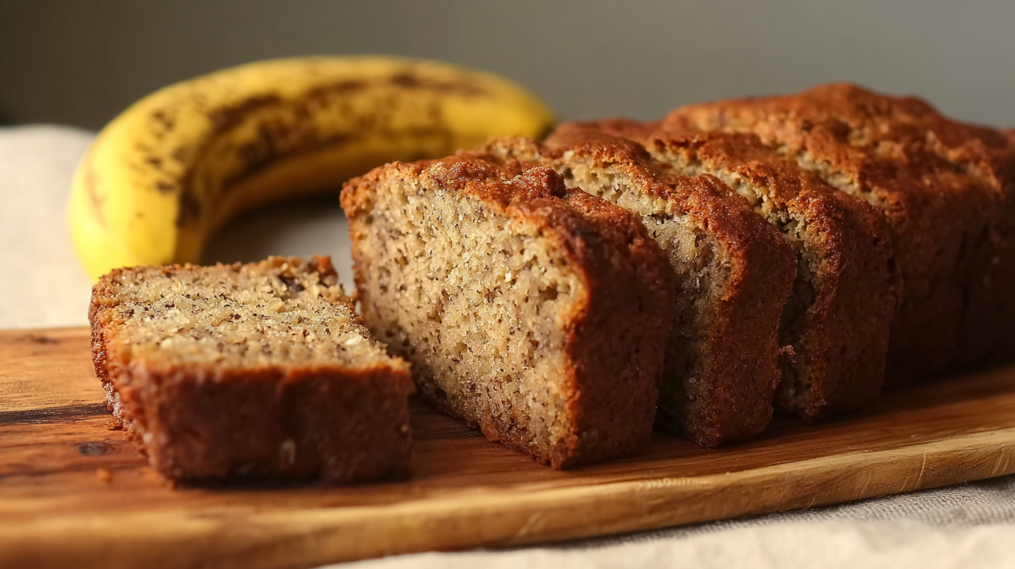 banana bread sans gluten moelleux sur planche en bois