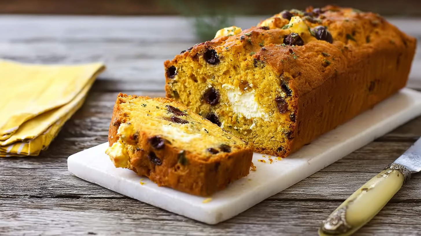 cake salé sans gluten sans lactose tranché sur table rustique