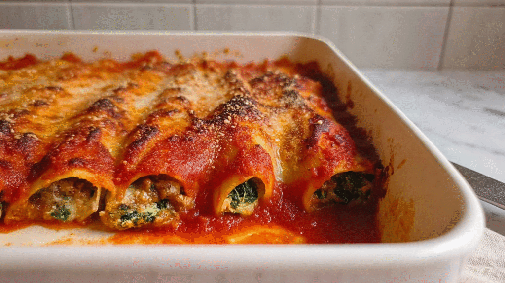 Cannelloni sans gluten maison : recette facile et savoureuse 7 Cannelloni sans gluten servis à l’assiette avec basilic