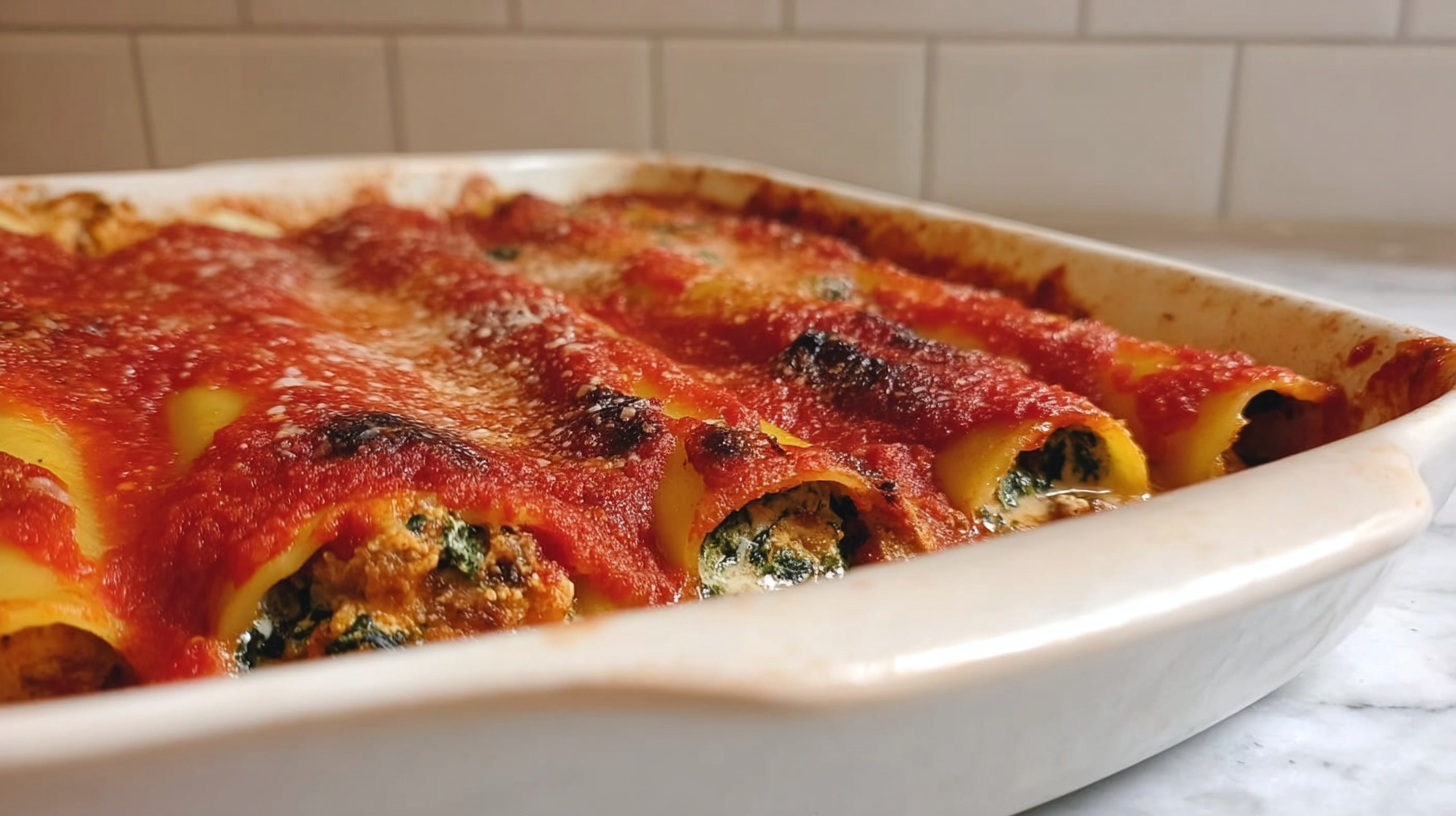 Cannelloni sans gluten maison : recette facile et savoureuse 4 Cannelloni sans gluten maison dorés au four avec sauce tomate