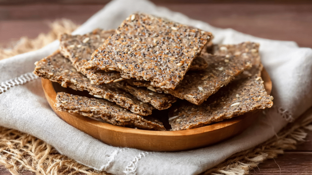 Crackers sans gluten : recette maison facile et ultra croustillante 7 Crackers sans gluten servis à l’apéritif avec dips et légumes