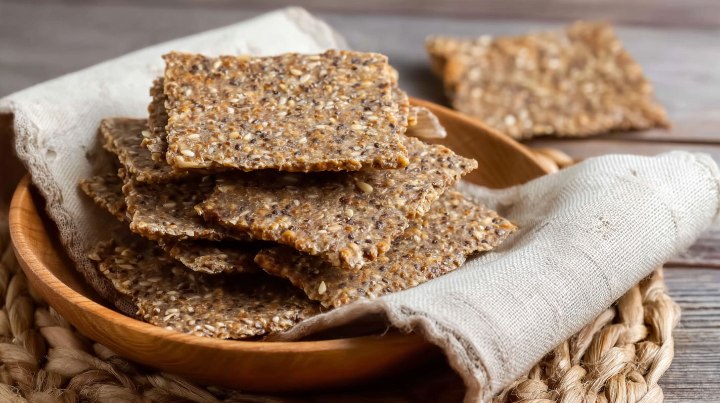 Crackers sans gluten : recette maison facile et ultra croustillante 4 Crackers sans gluten aux graines en plan plat sur table rustique