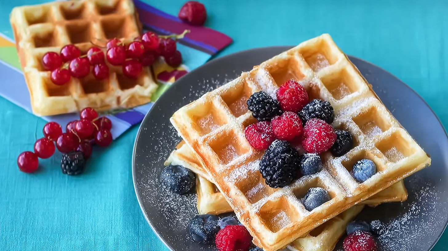 Gaufres sans gluten faciles et croustillantes à faire maison 7 Gaufres sans gluten servies avec sirop d’érable et fruits