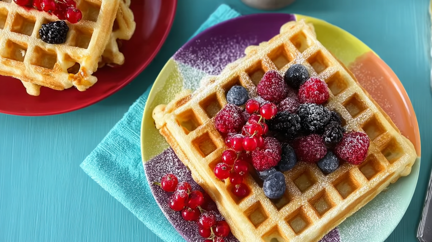 Gaufres sans gluten faciles et croustillantes à faire maison 4 Gaufres sans gluten dorées servies avec fruits rouges