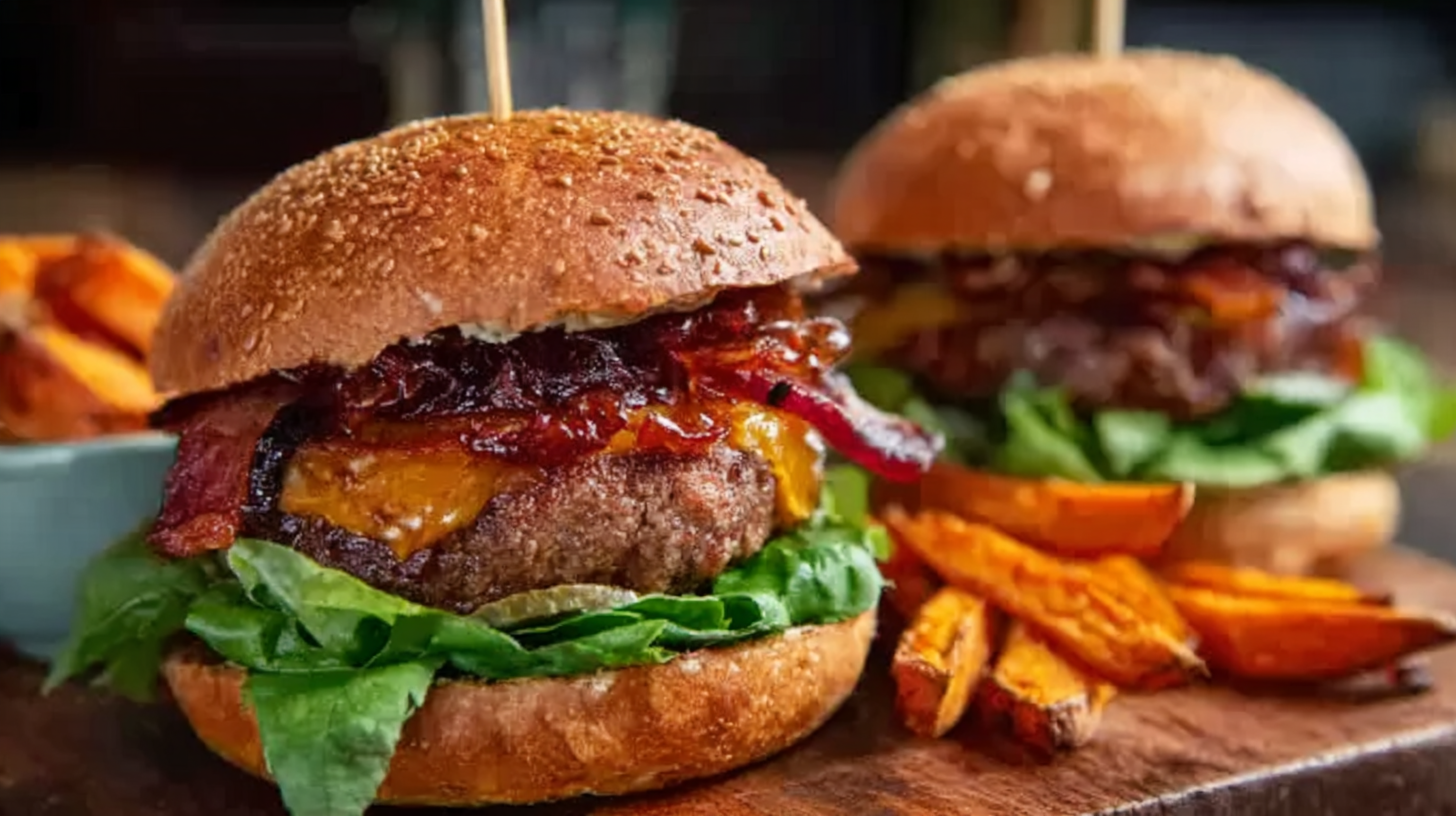 Hamburger sans gluten : la recette maison facile et ultra gourmande 7 Hamburger sans gluten servi avec frites de patate douce