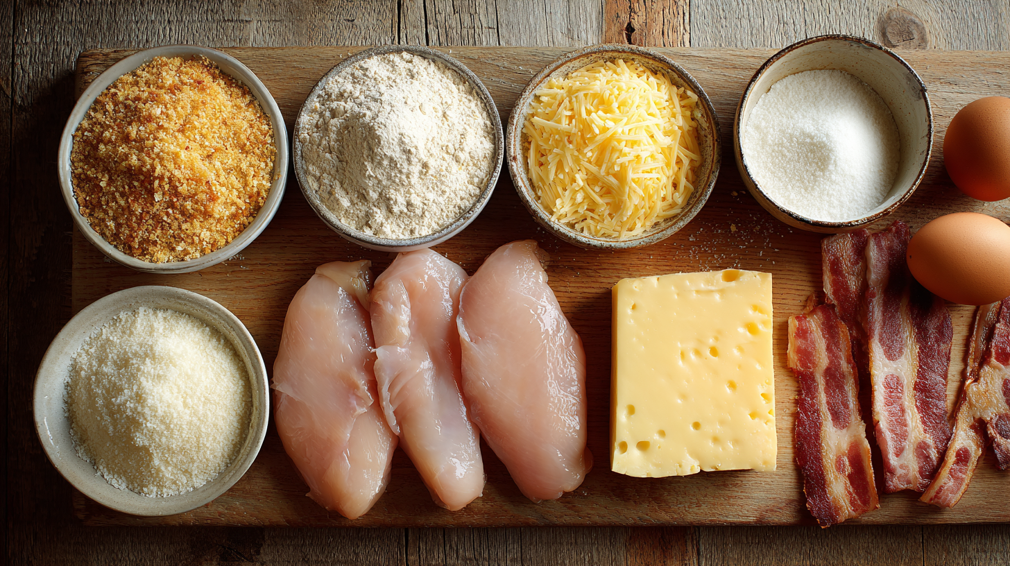 Cordon bleu sans gluten : recette croustillante et facile à faire à la maison 6 ingrédients pour cordon bleu sans gluten sur planche en bois