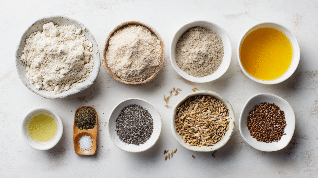 Crackers sans gluten : recette maison facile et ultra croustillante 6 Ingrédients pour crackers sans gluten disposés à plat