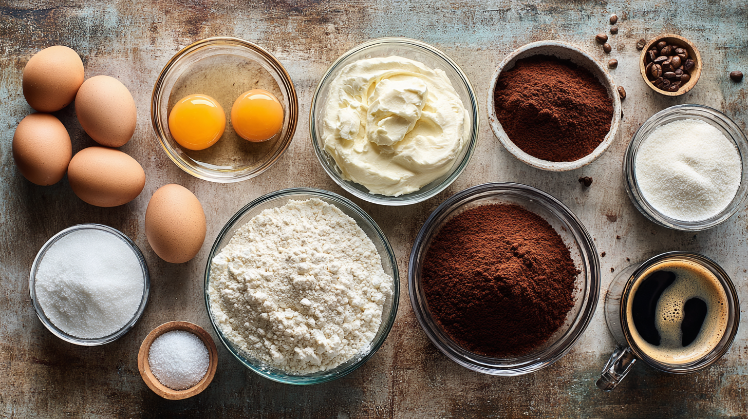 Tiramisu sans gluten : recette facile et savoureuse à faire chez soi 6 Ingrédients du tiramisu sans gluten disposés sur un plan de travail
