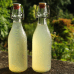 Limonade de sureau : recette pétillante, naturelle et sans gluten 5 Limonade de sureau maison sur table en bois en été