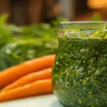 Pesto fanes de carottes pignons de pin : recette facile et anti-gaspi 5 pesto fanes de carottes pignons de pin sur table rustique