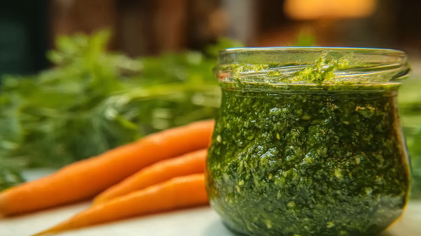 Pesto fanes de carottes pignons de pin : recette facile et anti-gaspi 4 pesto fanes de carottes pignons de pin sur table rustique