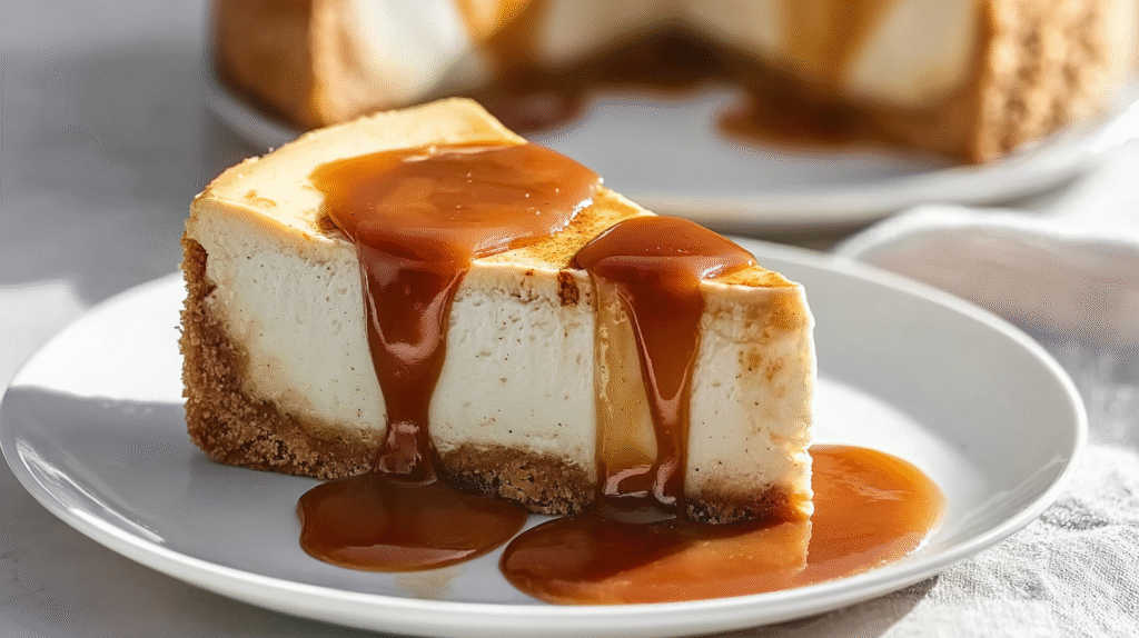 Cheesecake sans gluten : recette gourmande et facile à réaliser 7 part de cheesecake sans gluten servie avec caramel et fruits