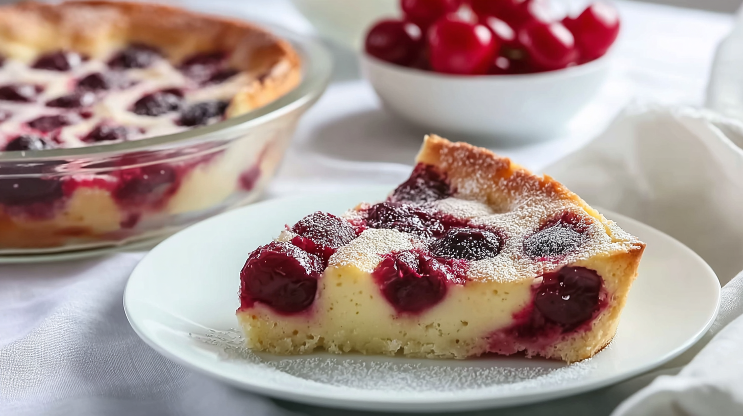 Clafoutis sans gluten aux cerises dans un plat en céramique