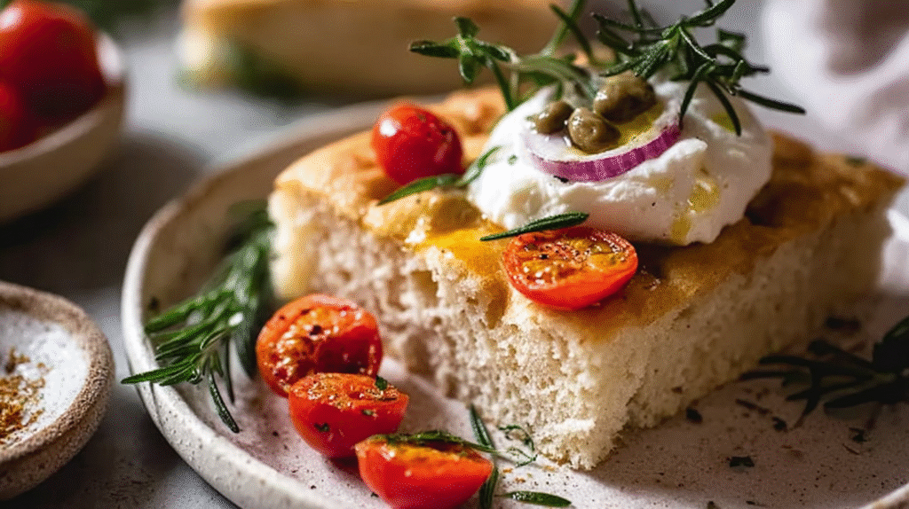 Focaccia sans gluten moelleuse : recette facile à l’huile d’olive 7 Focaccia sans gluten servie avec burrata