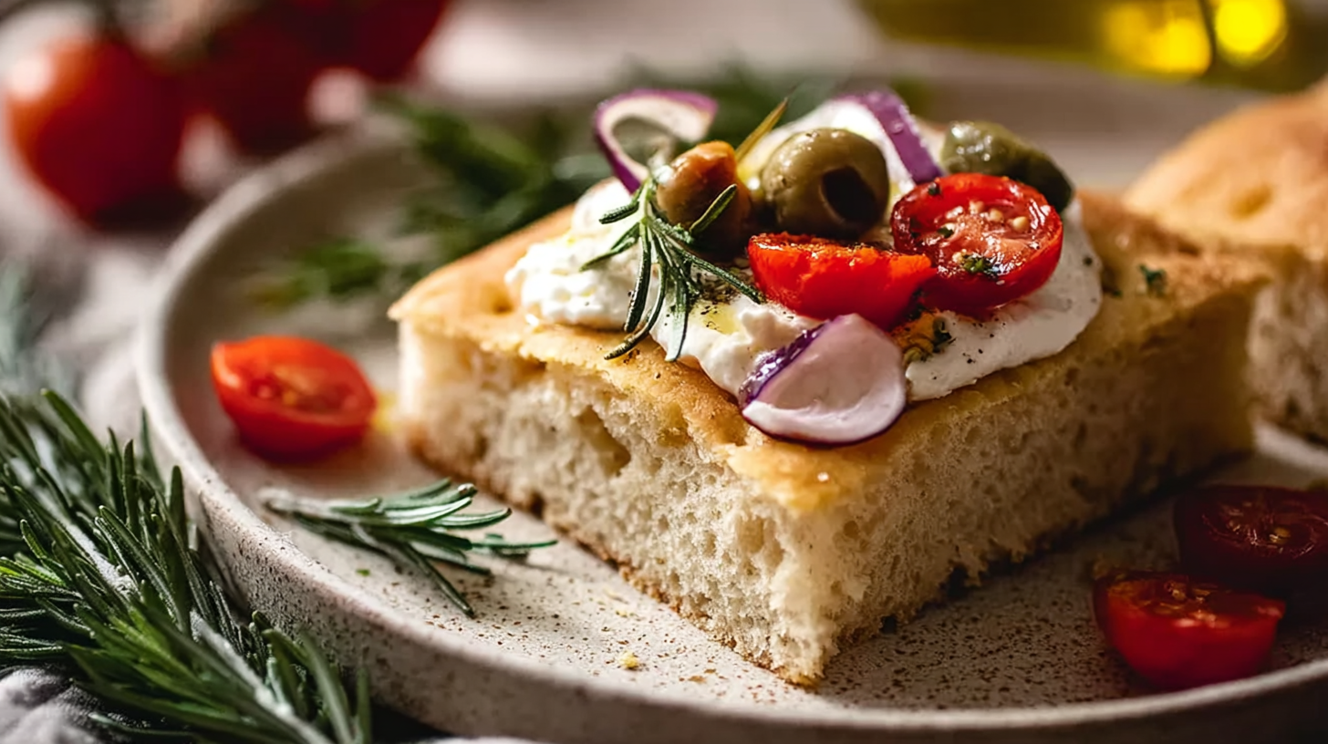 Focaccia sans gluten dorée à l’huile d’olive et tomates cerises