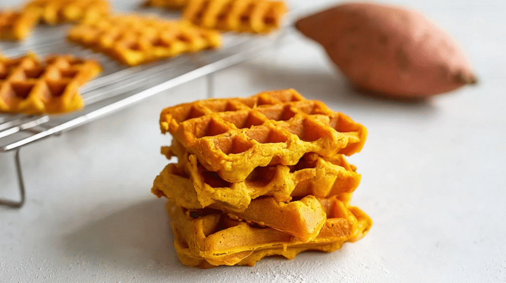 Gaufre patate douce sans gluten : moelleuse, rapide et 100% maison 7 Gaufre patate douce servie avec avocat et houmous