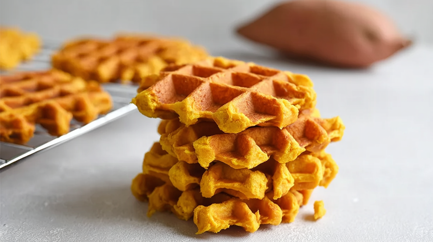 Gaufre patate douce sans gluten : moelleuse, rapide et 100% maison 4 Gaufre patate douce sans gluten servie au petit-déjeuner