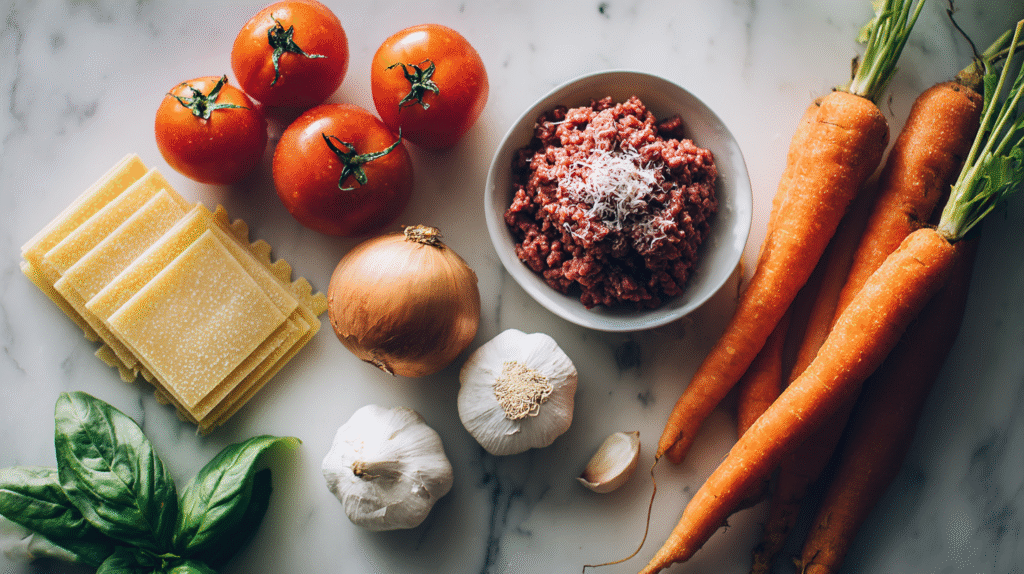 Lasagne sans gluten : recette maison simple et savoureuse 6 ingrédients frais pour lasagne sans gluten sur plan de travail