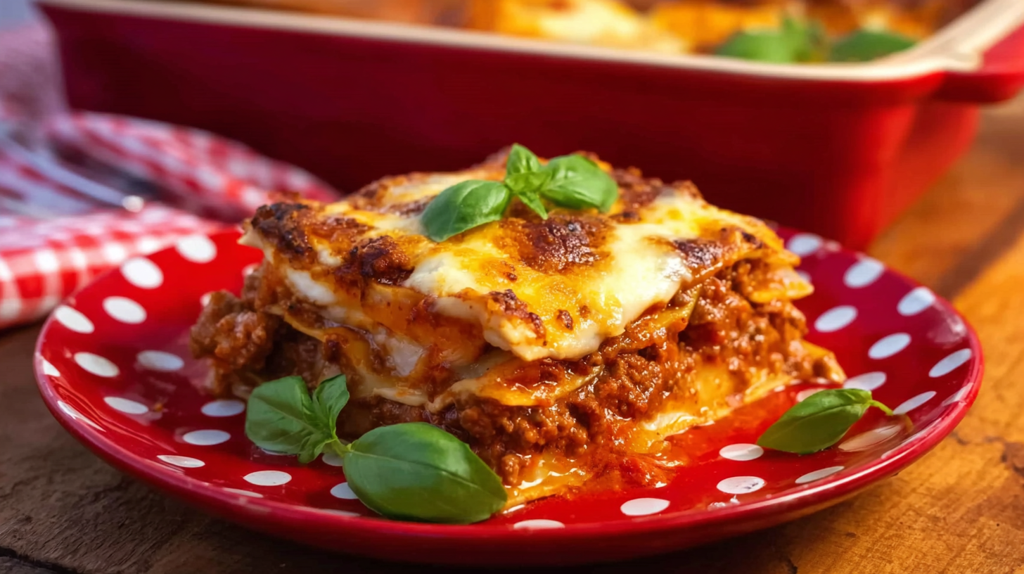 Lasagne sans gluten : recette maison simple et savoureuse 4 lasagne sans gluten dorée dans un plat rustique sur table en bois