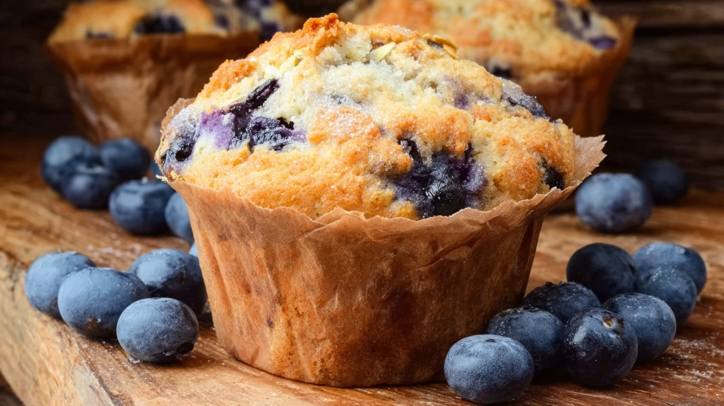 muffin sans gluten aux bleuets sur table rustique