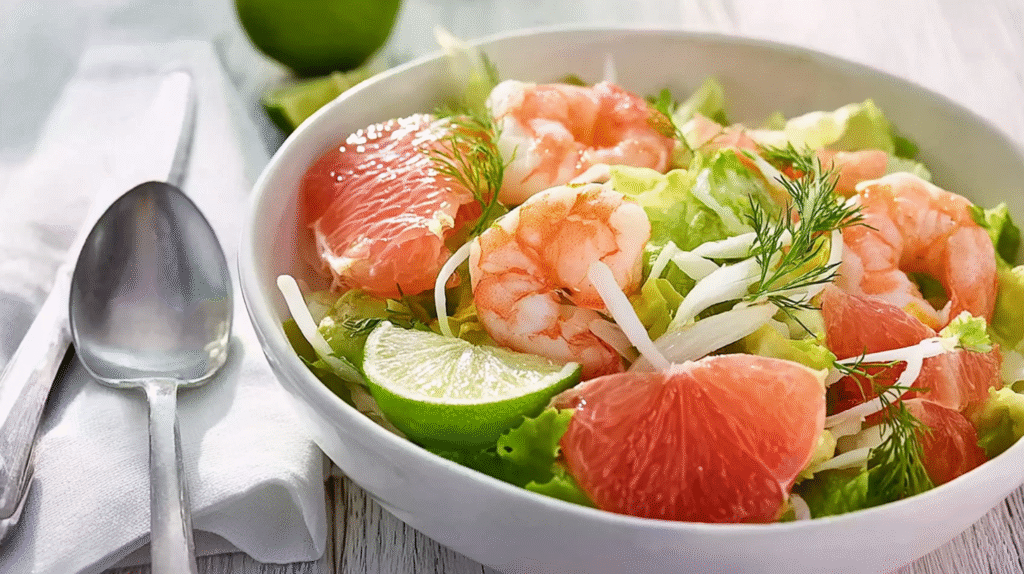 Salade crevettes et pamplemousse : fraîcheur sans gluten express 7 salade crevettes et pamplemousse dressée avec avocat et herbes