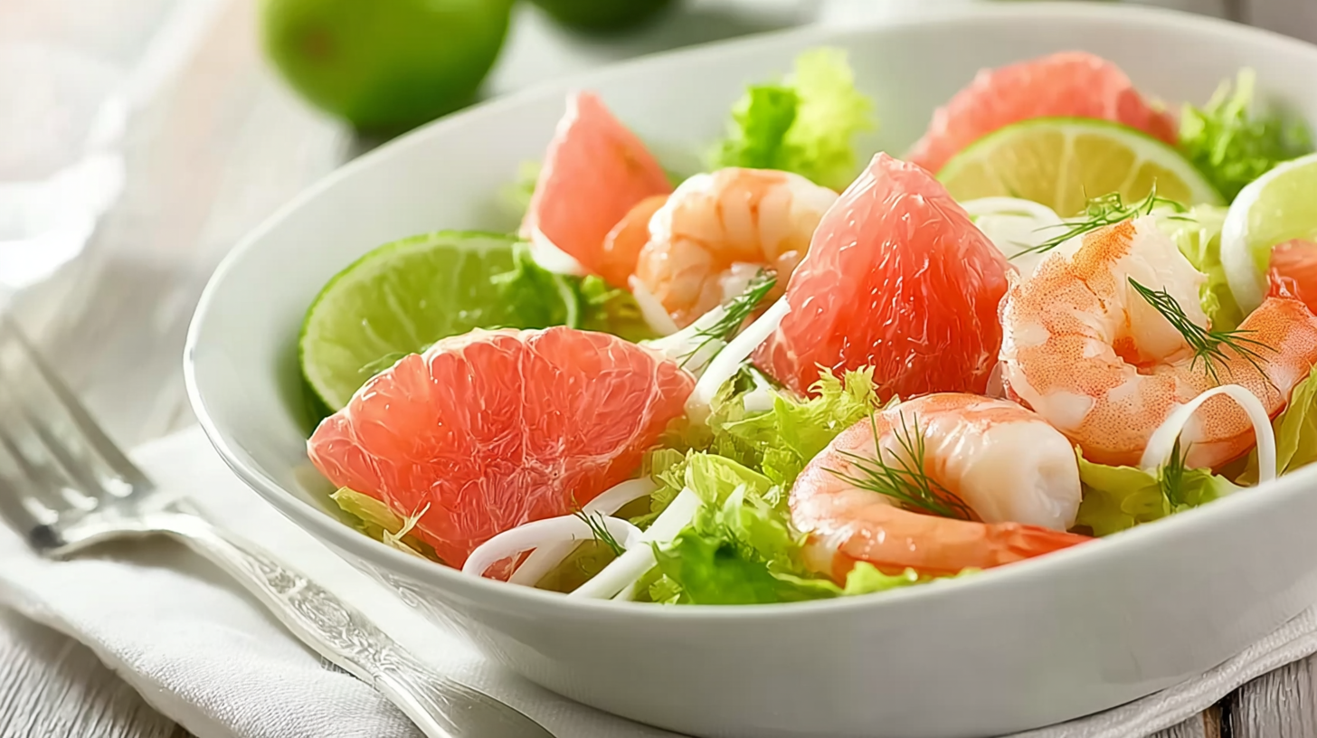 Salade crevettes et pamplemousse : fraîcheur sans gluten express 4 salade crevettes et pamplemousse sur assiette colorée rustique