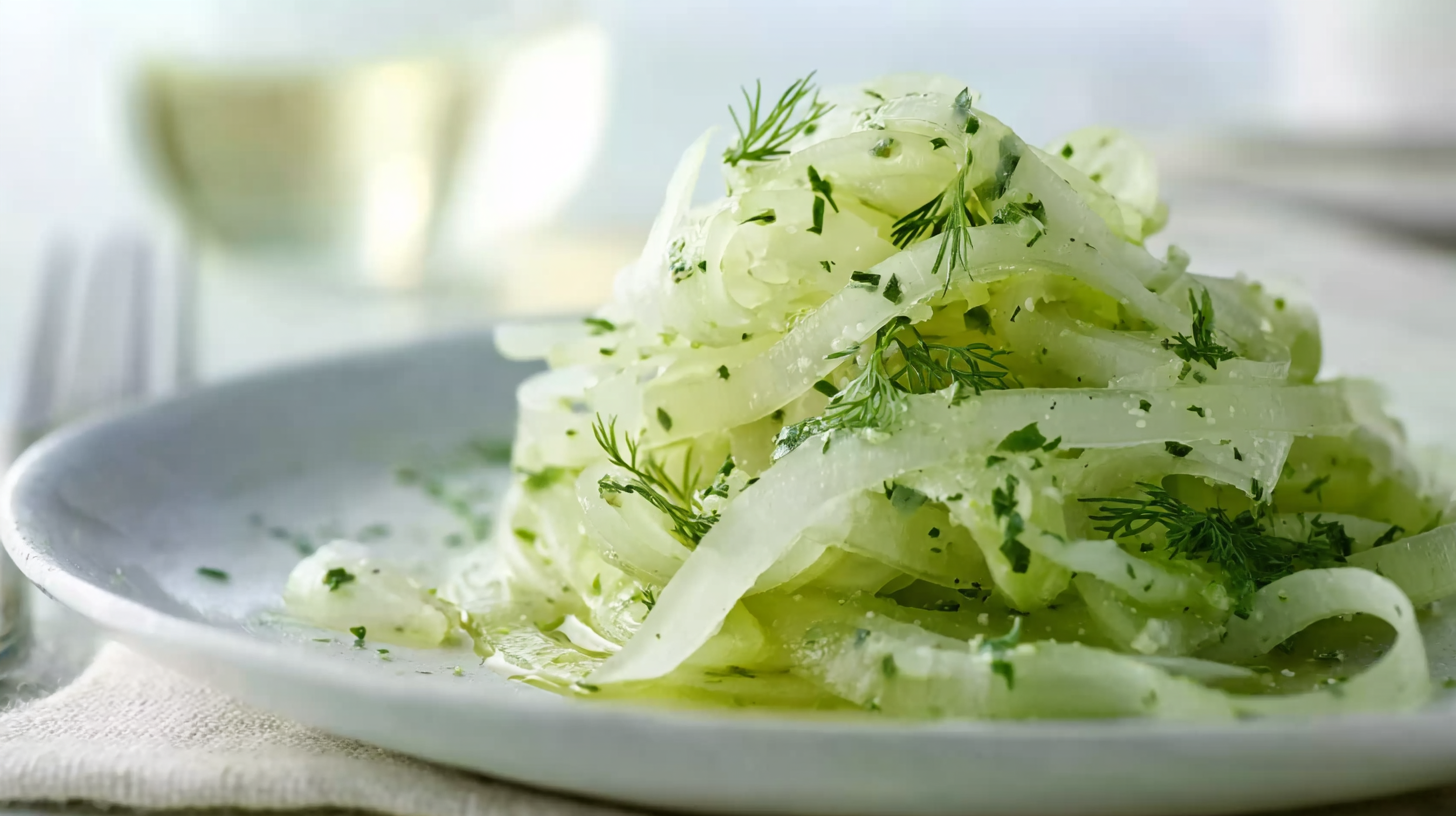 Salade de fenouil cru à la marocaine : fraîche, rapide et sans gluten 4 salade de fenouil cru à la marocaine servie dans une assiette