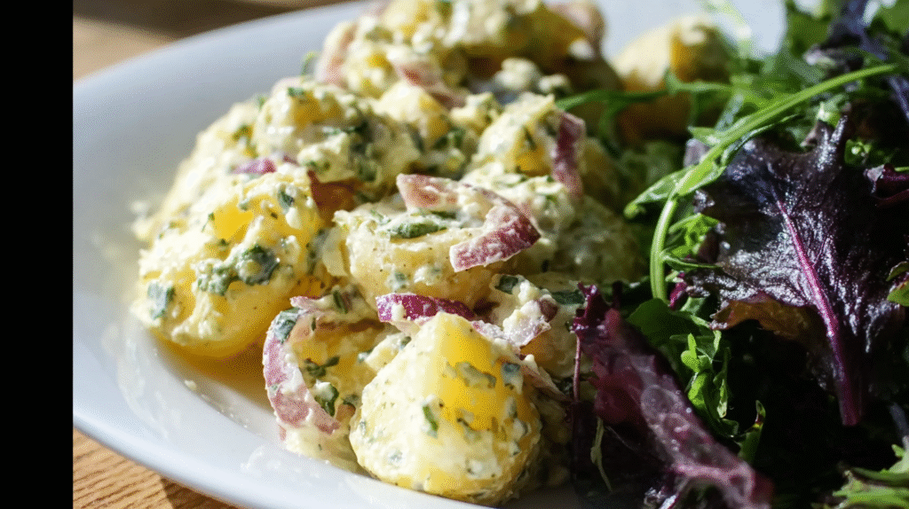 Salade de pomme de terre sans gluten : recette facile et savoureuse 7 salade de pomme de terre sans gluten servie avec quiche