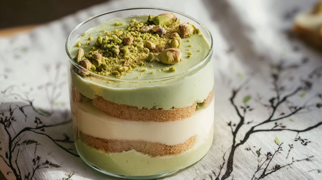 verrine de tiramisu pistache servie avec éclats de pistaches