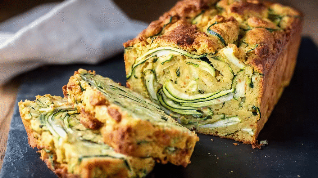 Cake aux courgettes sans gluten : moelleux, facile et savoureux 7 part de cake aux courgettes sans gluten servi avec salade