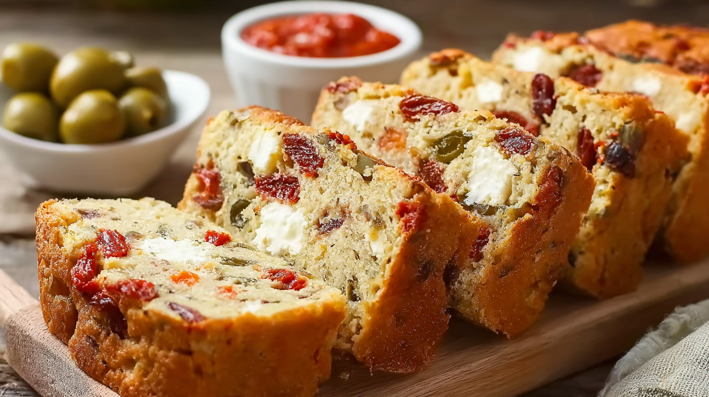 Cake tomates séchées feta sans gluten : moelleux et facile à faire 4 cake tomates séchées feta sans gluten sur planche en bois