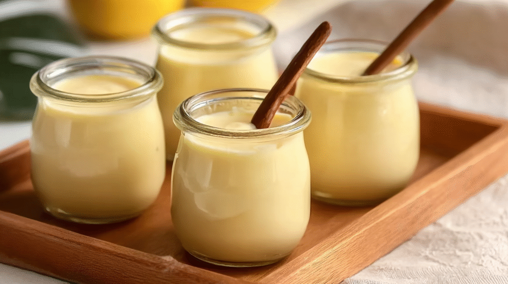 dessert crème vanille sans gluten servi en verrine avec fruits