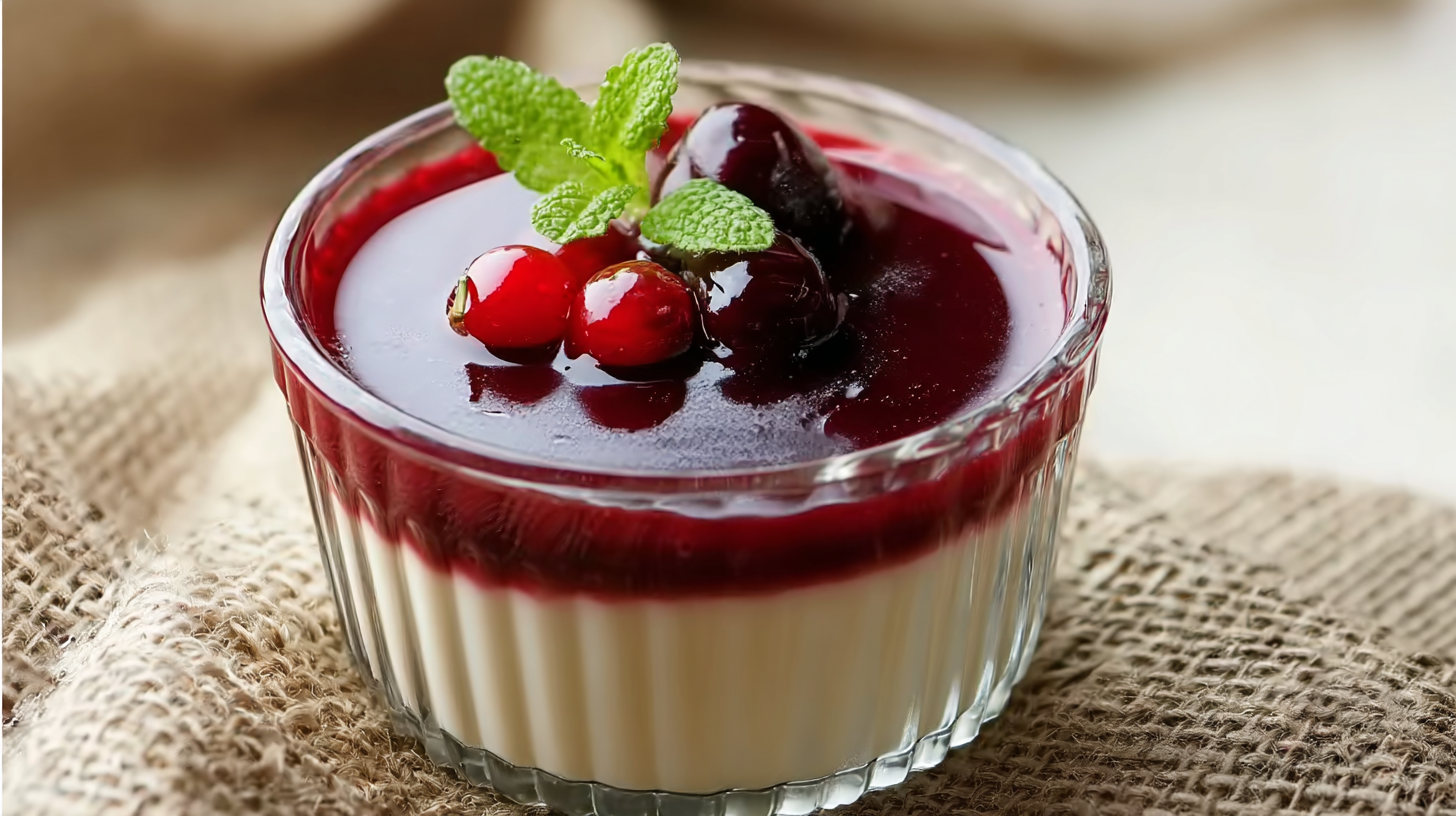 Dessert italien panna cotta avec coulis de fruits rouges