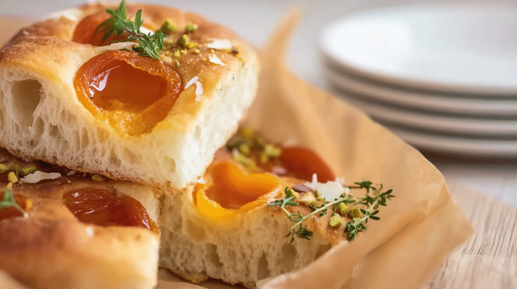 Focaccia sucrée sans gluten : moelleuse, gourmande et facile 7 parts de focaccia sucrée sans gluten servies à table