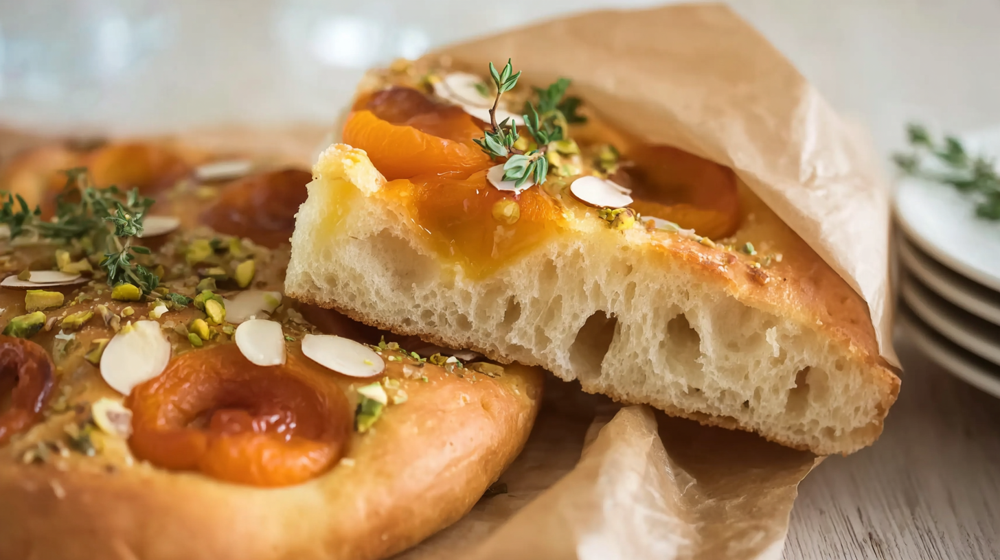 Focaccia sucrée sans gluten : moelleuse, gourmande et facile 4 focaccia sucrée sans gluten aux abricots, miel et pistaches