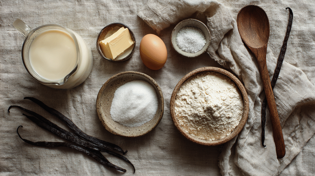 ingrédients pour dessert crème vanille sans gluten sur une nappe en lin