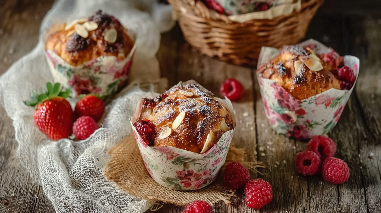 Muffins au fruit rouge sans gluten : moelleux, faciles et irrésistibles 4 Muffins au fruit rouge sans gluten sur table rustique