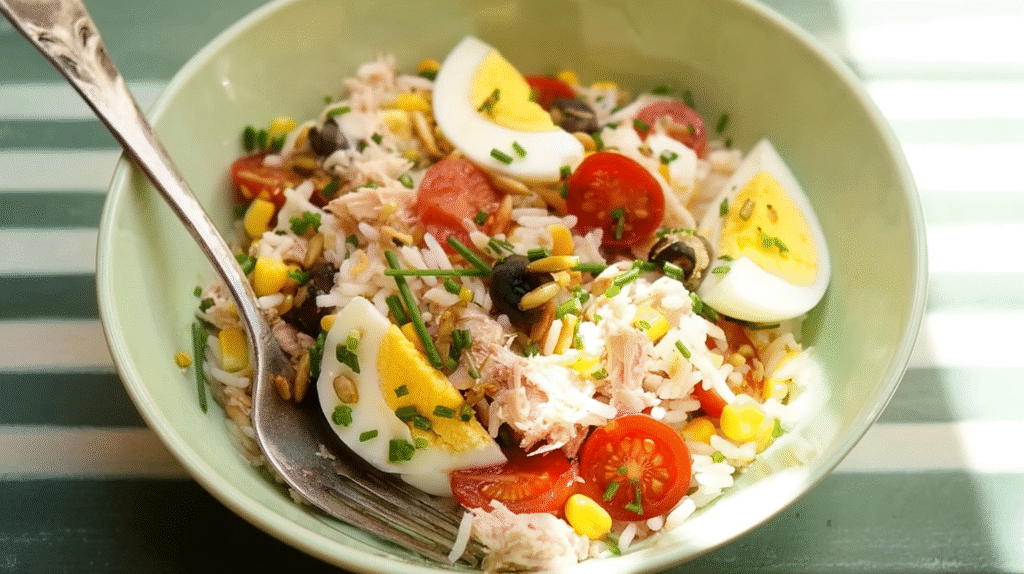 Salade au riz thon sans gluten : fraîche, rapide et savoureuse 7 Salade au riz thon servie froide sans gluten
