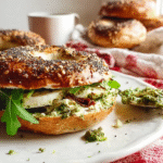 Bagel sans gluten : recette facile et moelleuse à faire à la maison 5 Bagel sans gluten garni de pesto, mozzarella et tomates confites sur table rustique