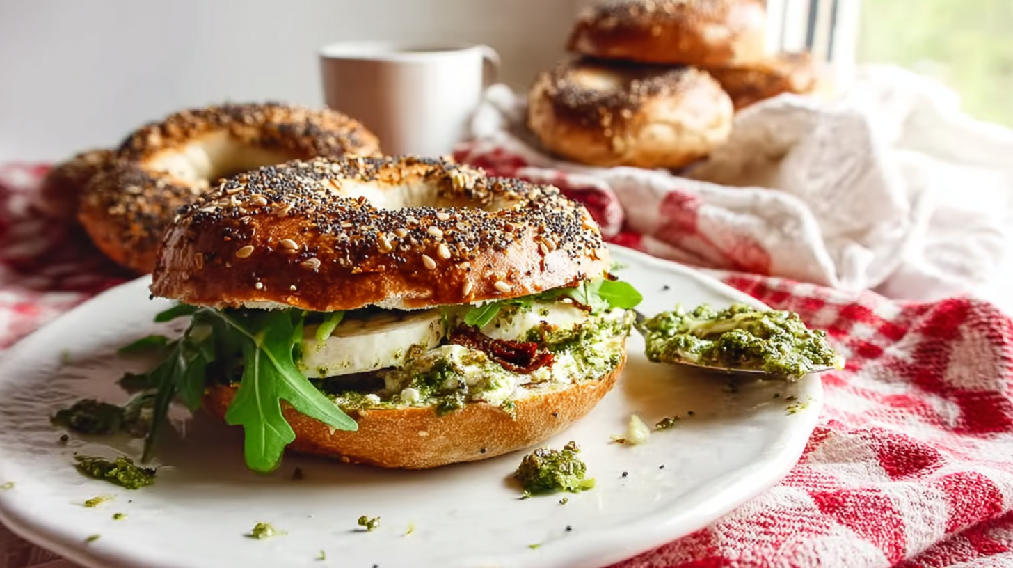 Bagel sans gluten : recette facile et moelleuse à faire à la maison 4 Bagel sans gluten garni de pesto, mozzarella et tomates confites sur table rustique